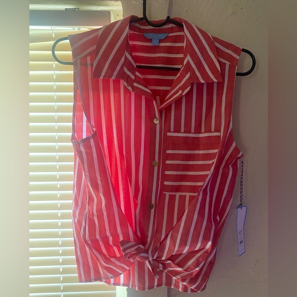 Draper James Red and White Striped Tie-Front Sleeveless Blouse